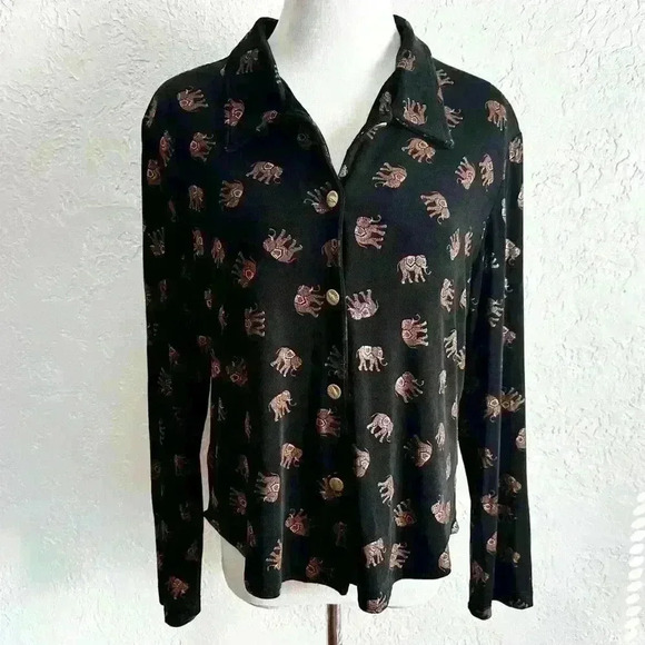Vintage Ronnie Nicole long sleeve elephant print button up blouse size 14 - Picture 2 of 15